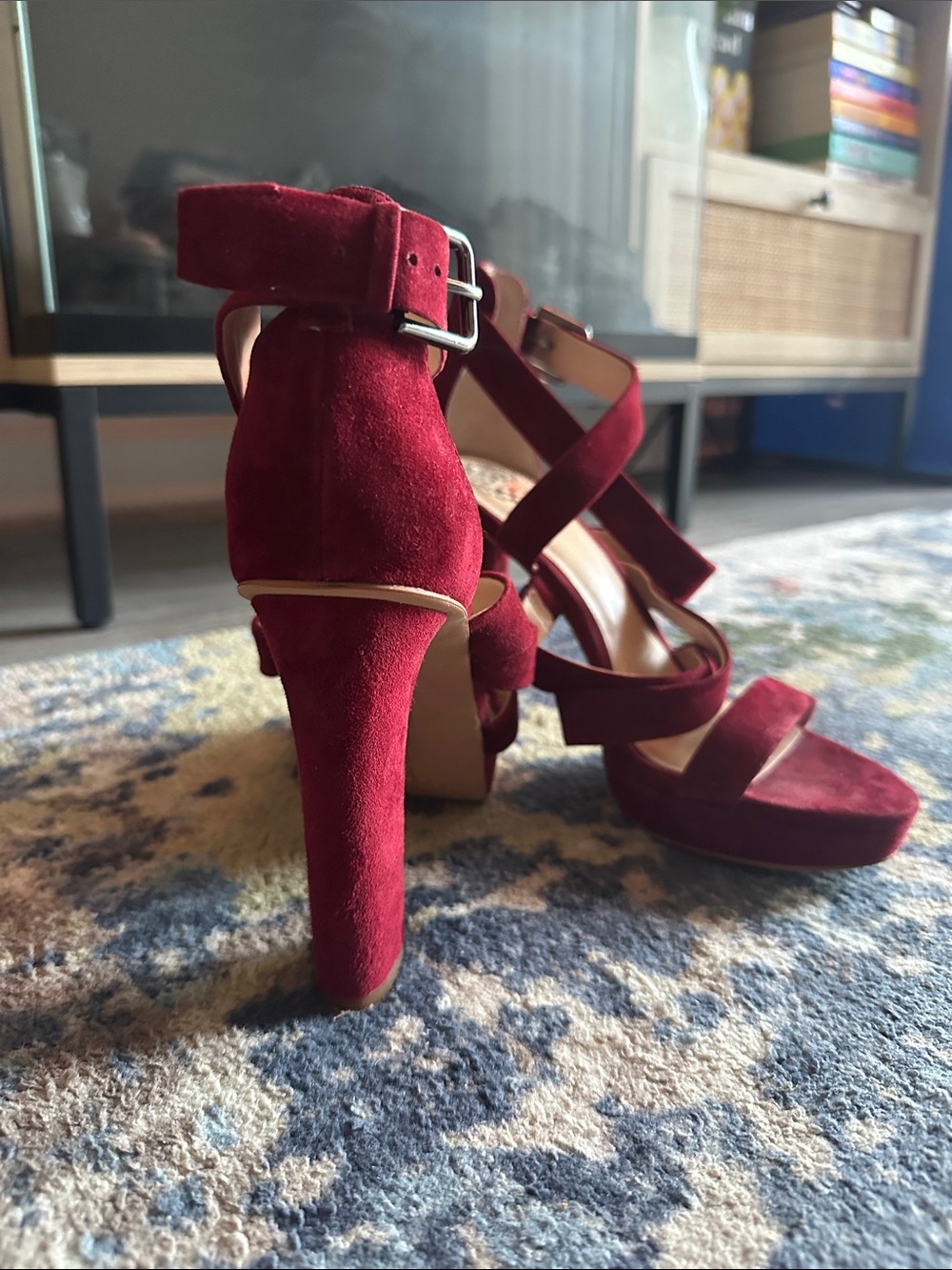 Vince Camuto Women's Wine Red Suede Strappy Platform Heels - Picture 4 of 7